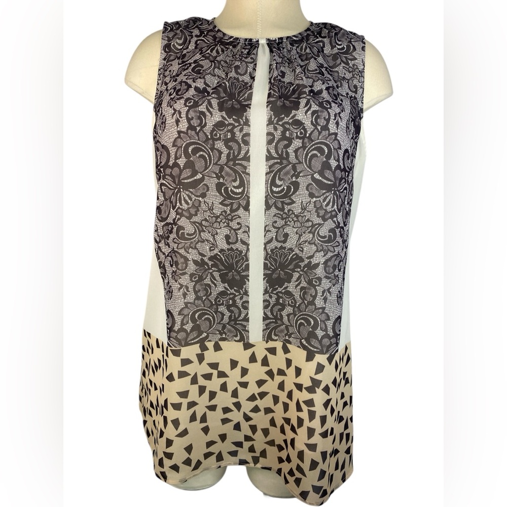 CAbi Gray and Cream Patterned Sleeveless Lined Tank Top Women’s Medium